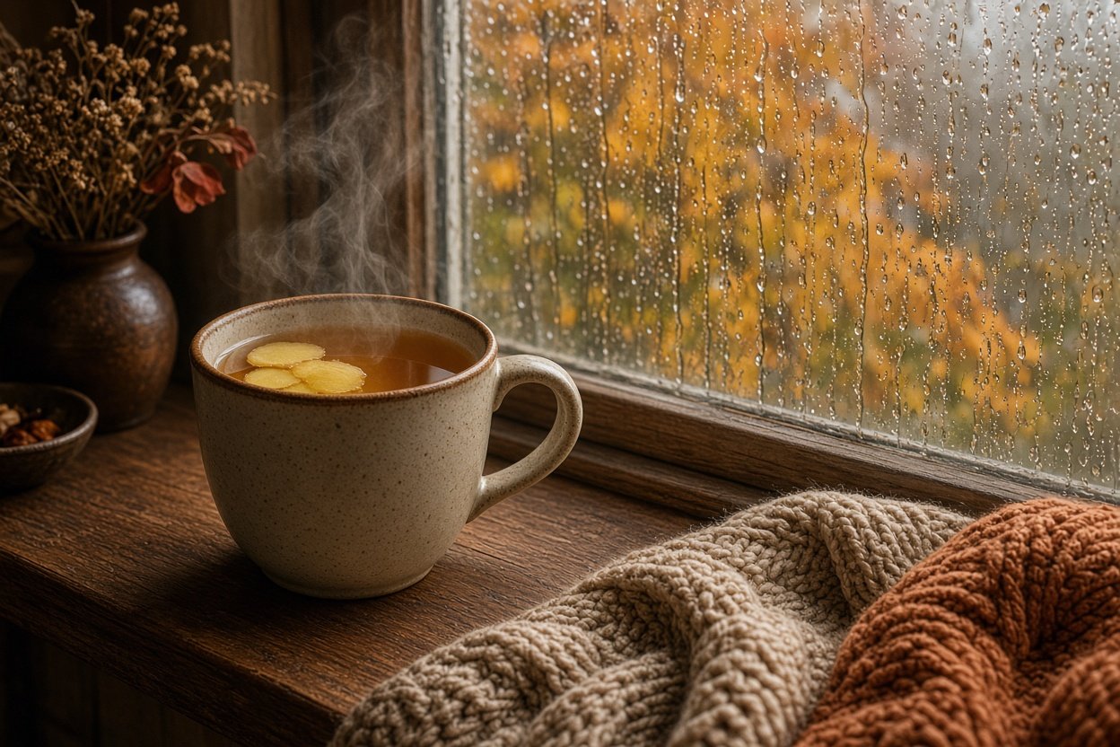 Steaming mug of ginger tea on a windowsill with rain on the glass