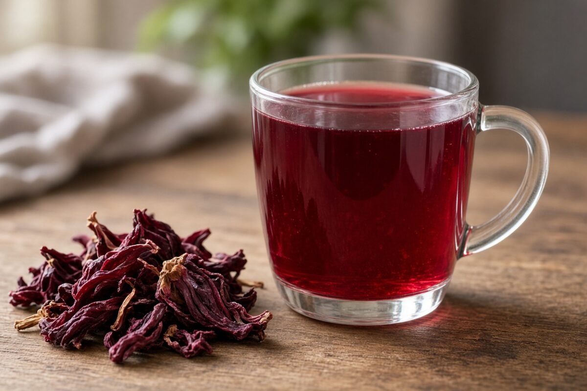 Glass mug of ruby-red hibiscus tea with dried hibiscus flowers on a wooden table