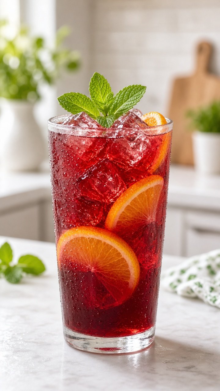 Tall glass of iced hibiscus tea with orange slices and mint