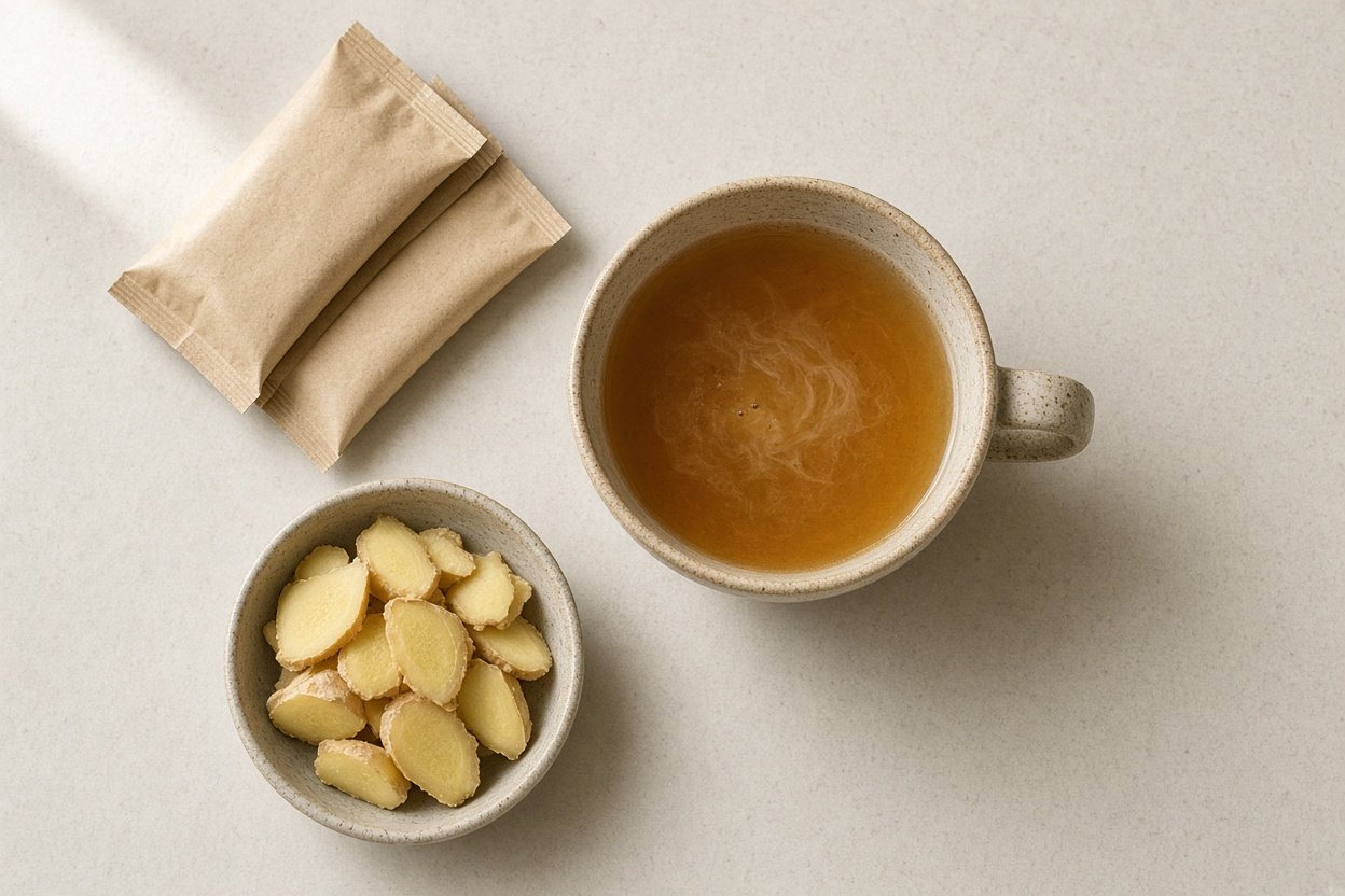 Mug of instant ginger tea with sachets and sliced fresh ginger on a kitchen counter