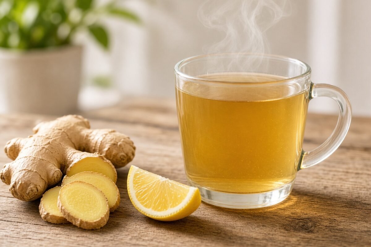 Glass mug of golden ginger tea with fresh ginger slices and lemon