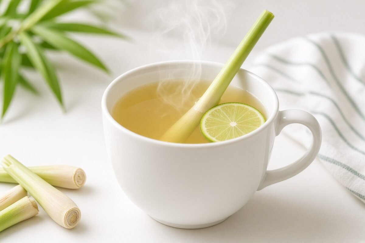 Steaming mug of lemongrass tea with a fresh lemongrass stalk and lime slice