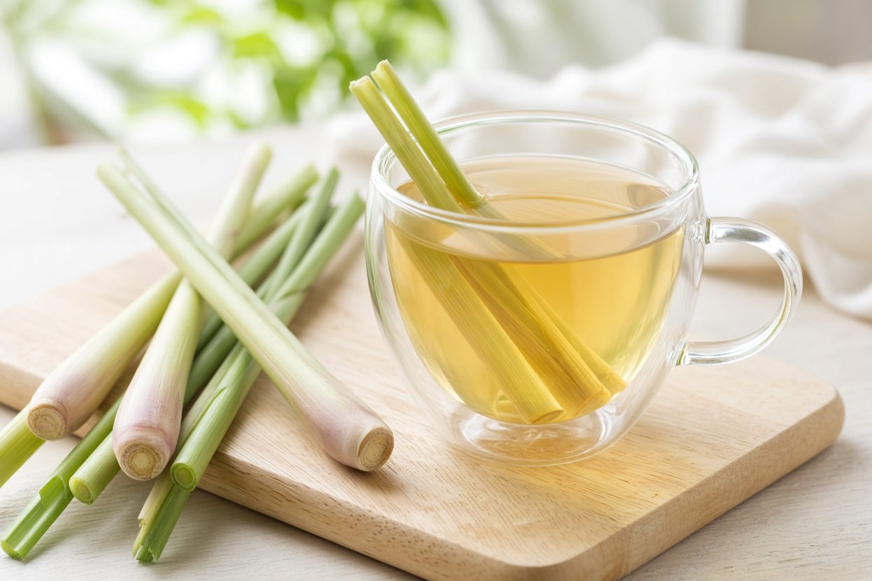 Clear glass cup of lemongrass tea with fresh lemongrass stalks on a wooden board