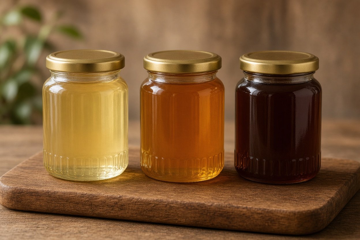 Three jars of raw honey in light, amber and dark colours side by side