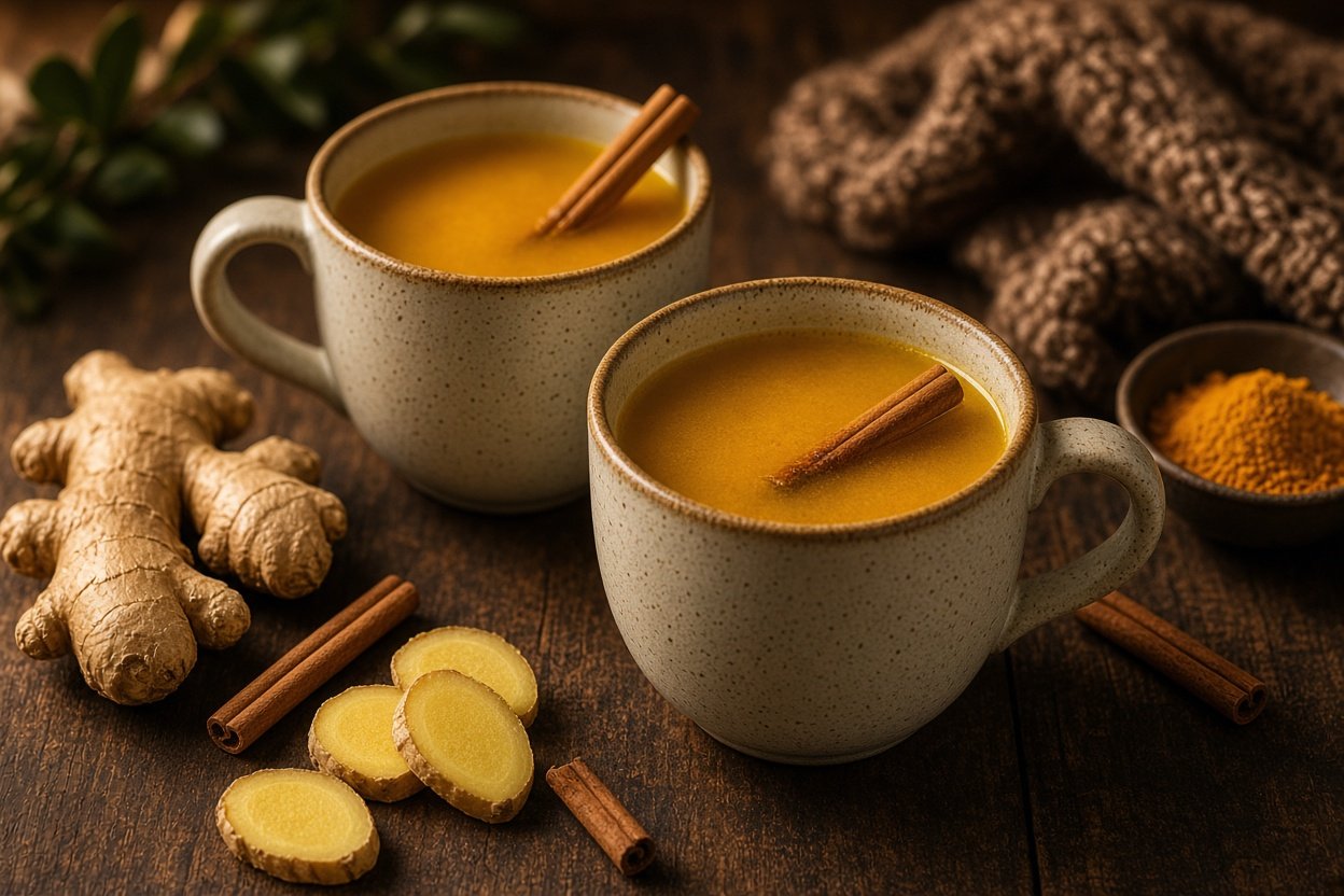 Two mugs of golden turmeric ginger tea with cinnamon sticks and fresh ginger